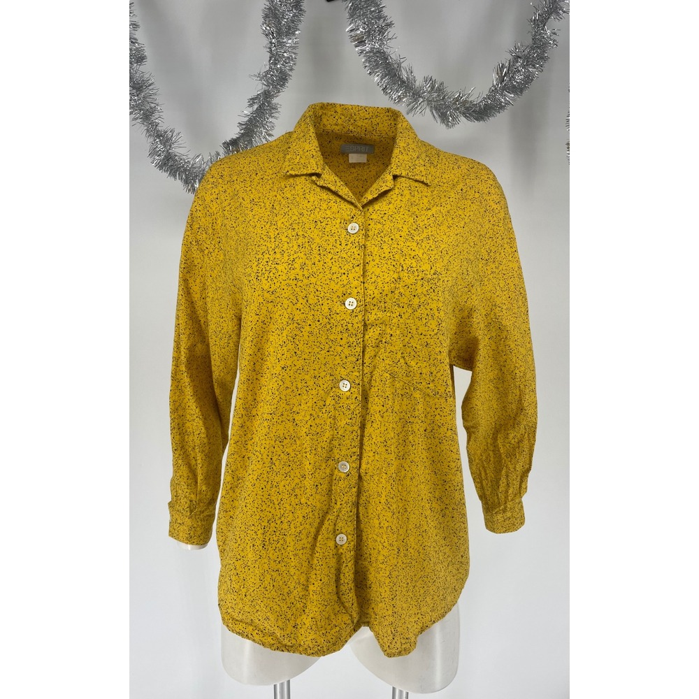 Vintage 1980s Esprit Mustard Black Splatter Print Oversized Button Up Shirt S
